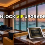 Ultra-luxury Dubai resort suite with a digital tablet showing VIP membership upgrades