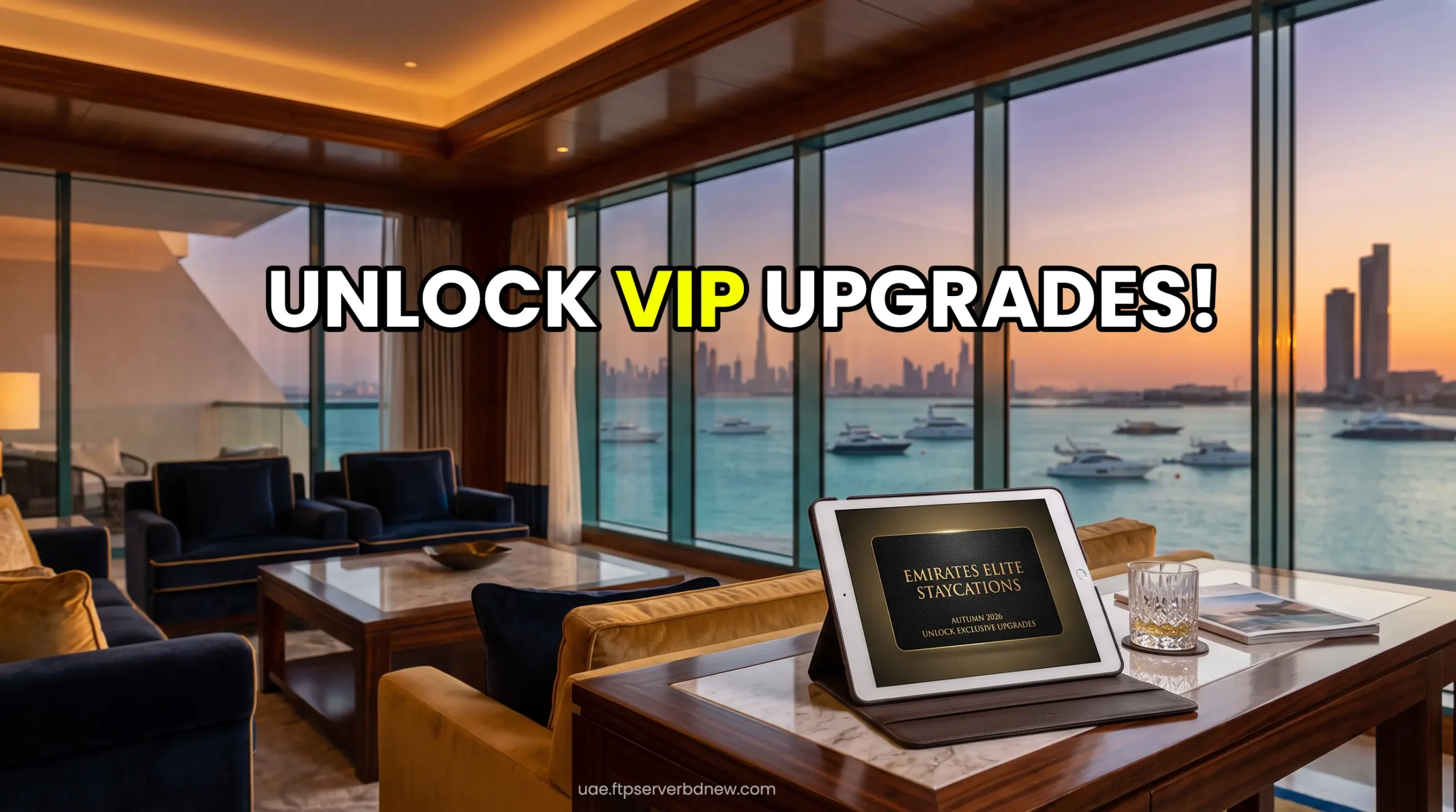 Ultra-luxury Dubai resort suite with a digital tablet showing VIP membership upgrades