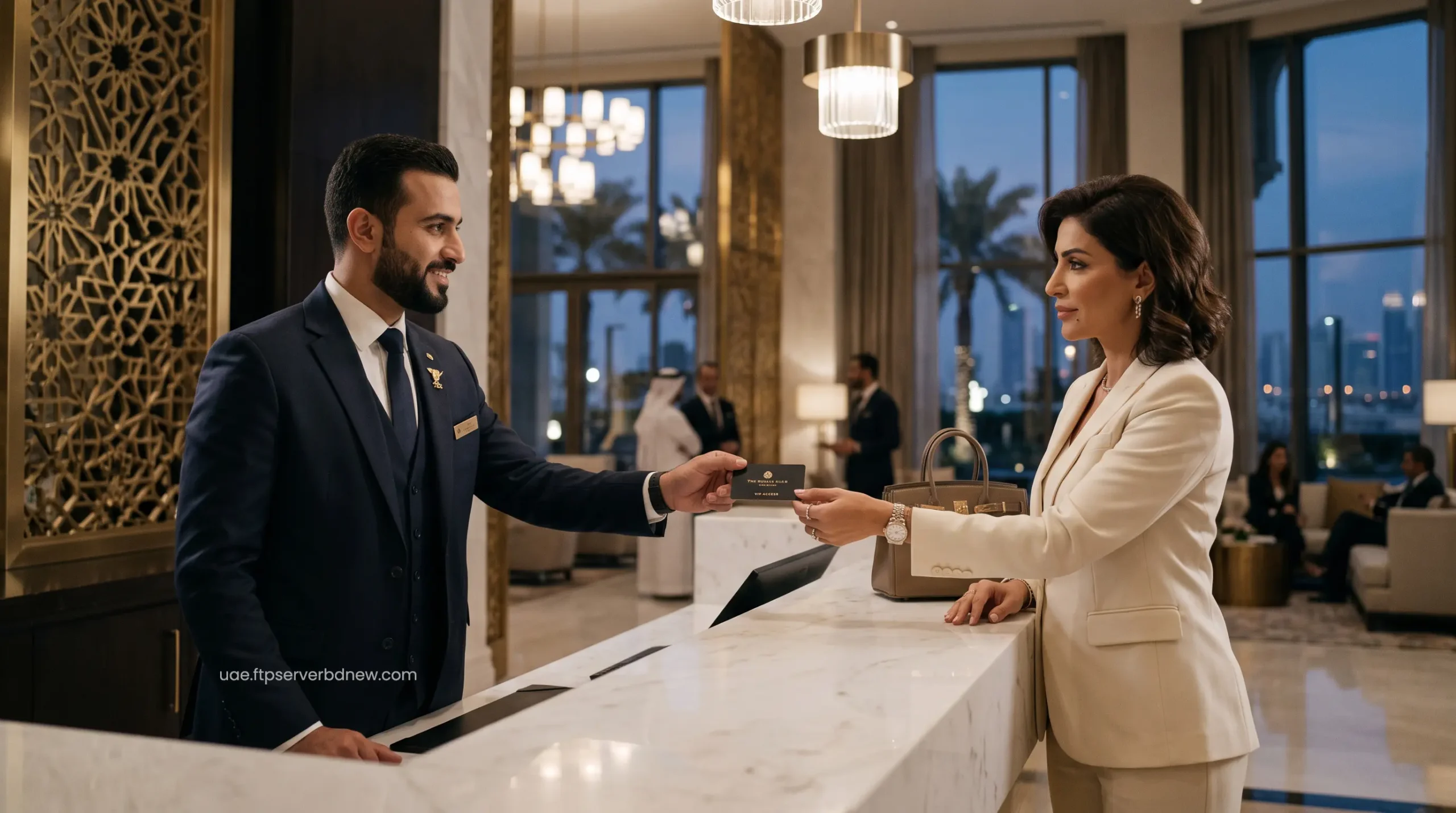 VIP hotel concierge handing black luxury access keycard to guest at Abu Dhabi 7-star resort.