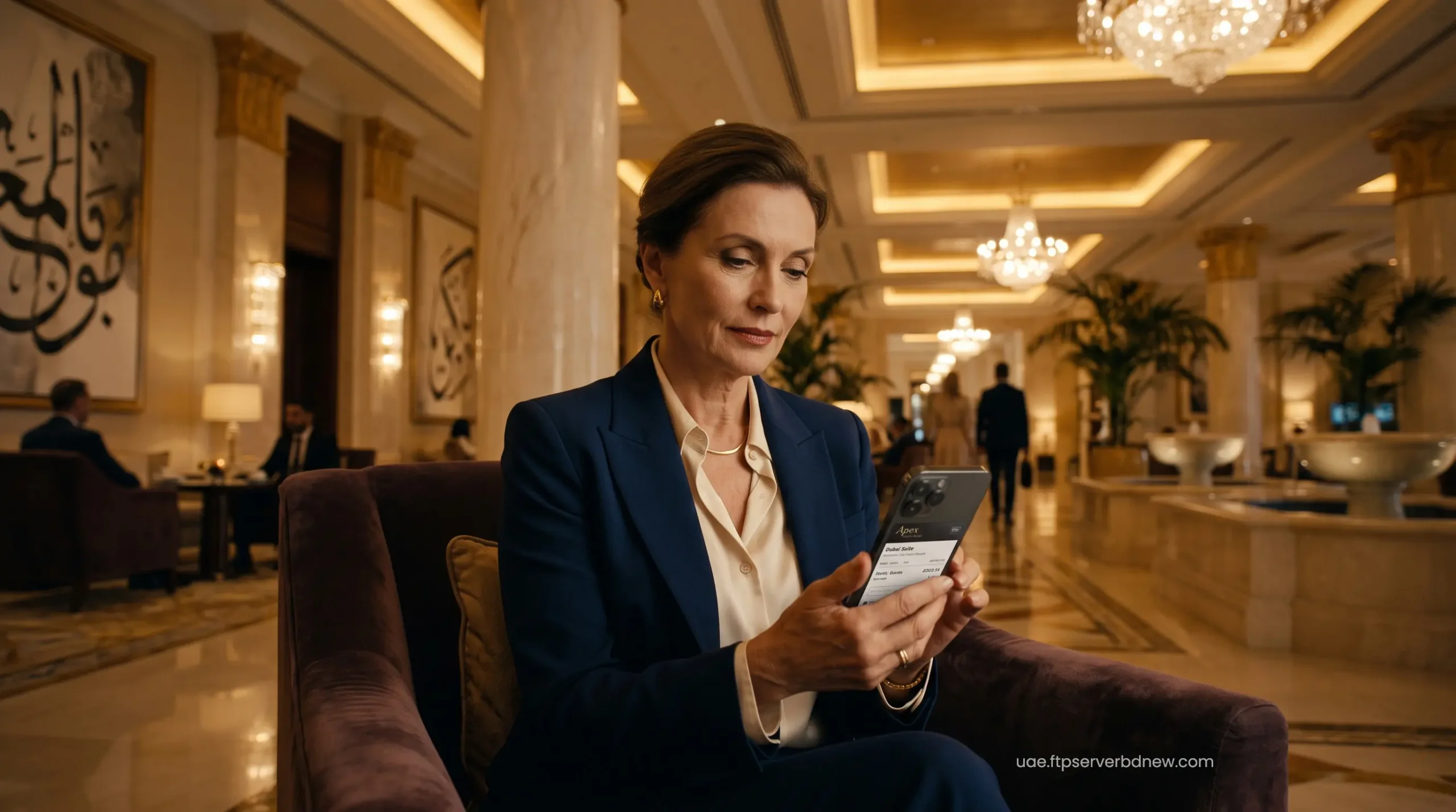 Elite traveler finalizing a luxury OTA reservation on a smartphone in a Dubai lobby