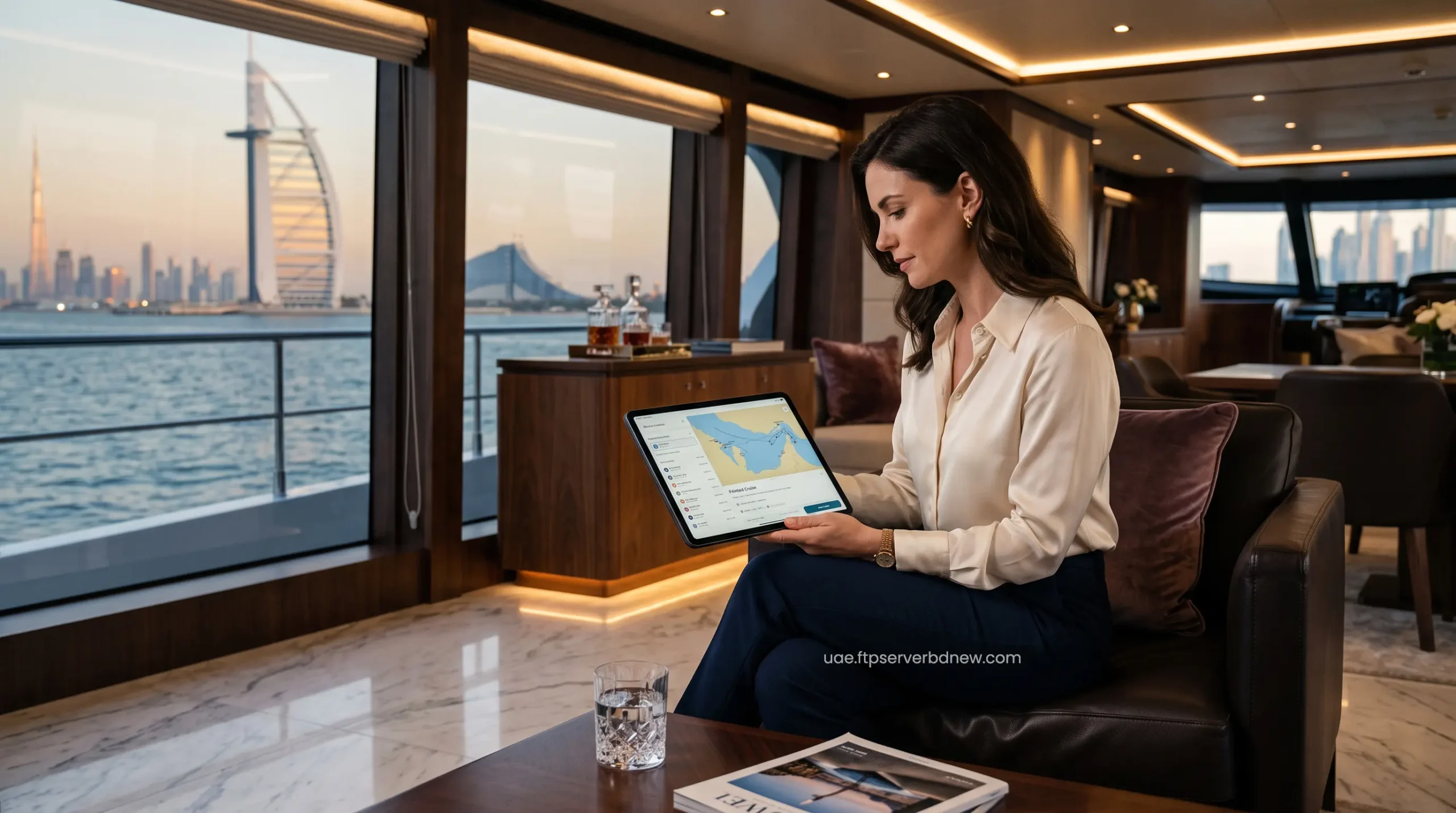 Elite traveler planning marine itinerary inside modern luxury yacht salon in Dubai