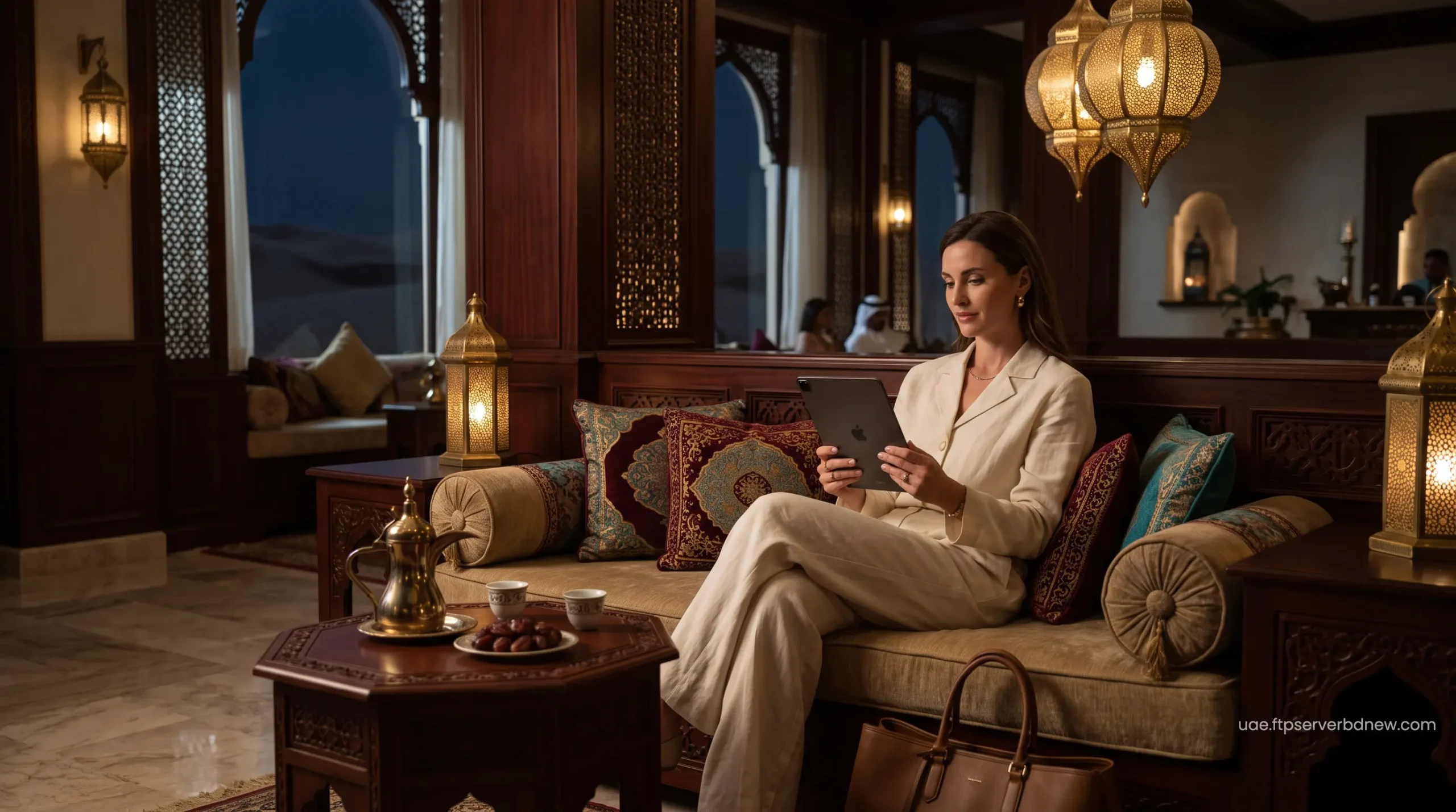 Elite traveler booking a VIP desert safari on a digital tablet at a luxury resort