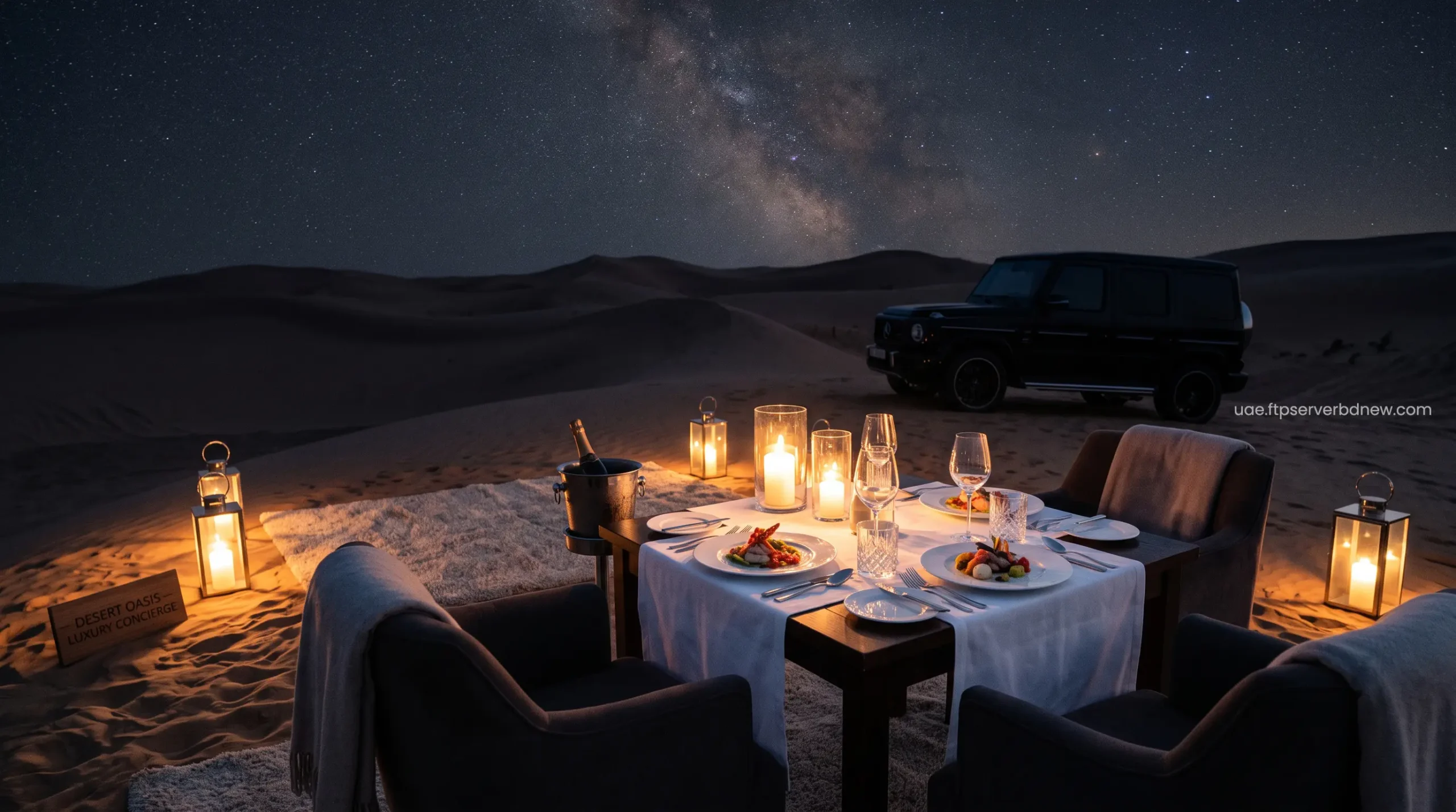 VIP private dining setup on sand dunes with luxury SUV in the background