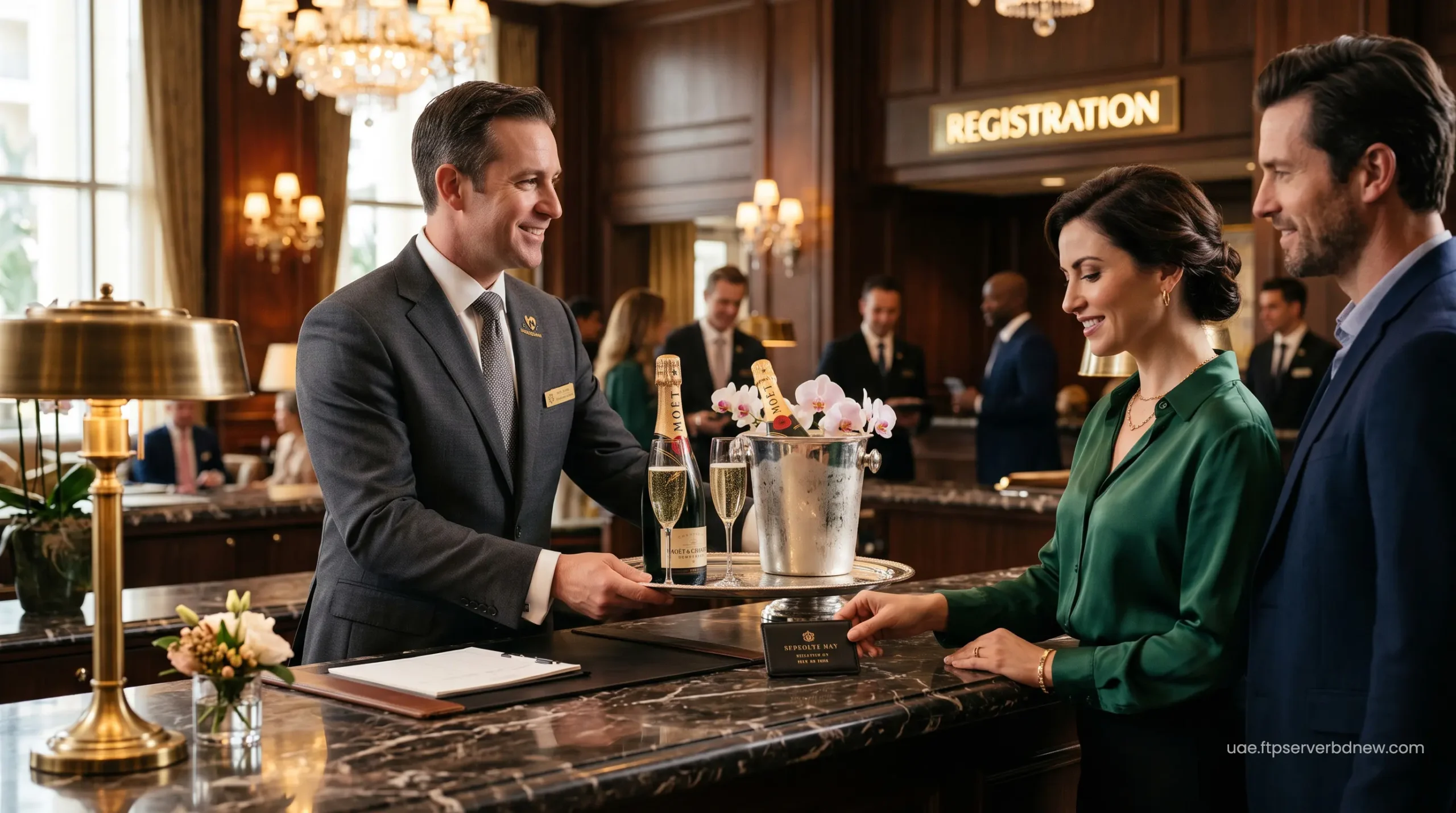 VIP hotel concierge handing over a suite upgrade keycard and luxury welcome amenities
