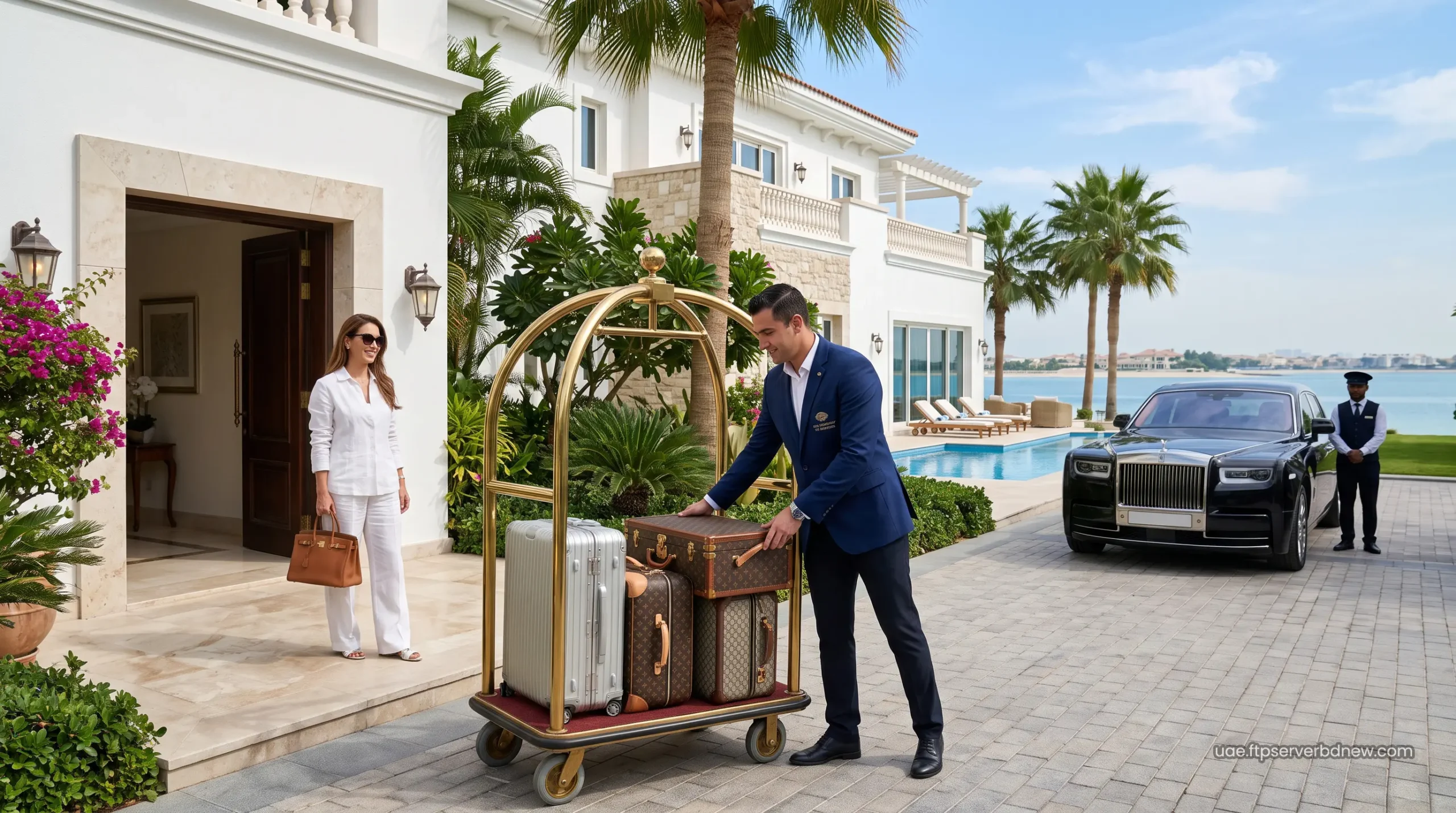 VIP hotel concierge managing luxury luggage transfer at a private Palm Jumeirah villa