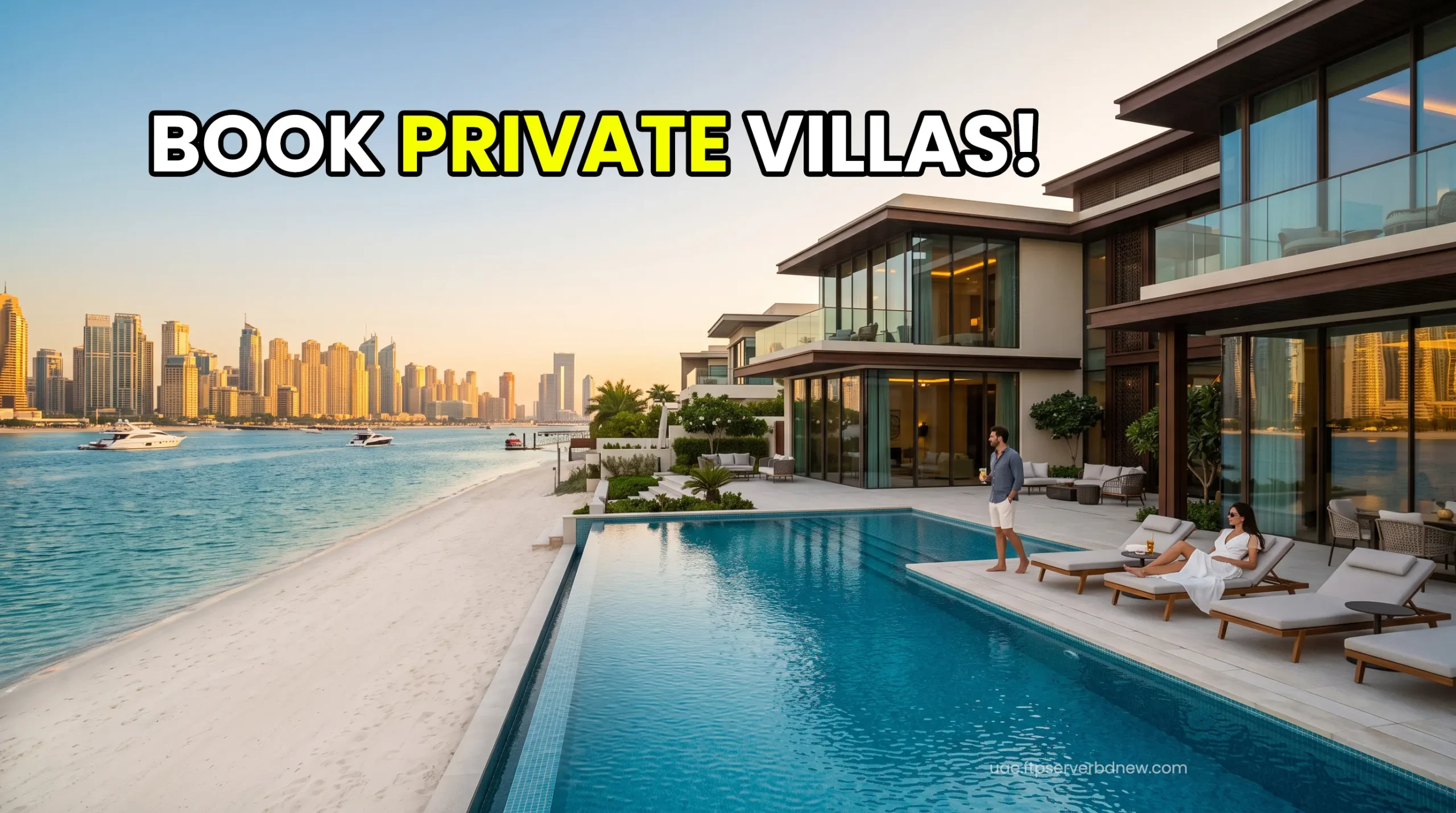 Ultra-luxury Palm Jumeirah beachfront private pool villa overlooking the Dubai skyline at sunset