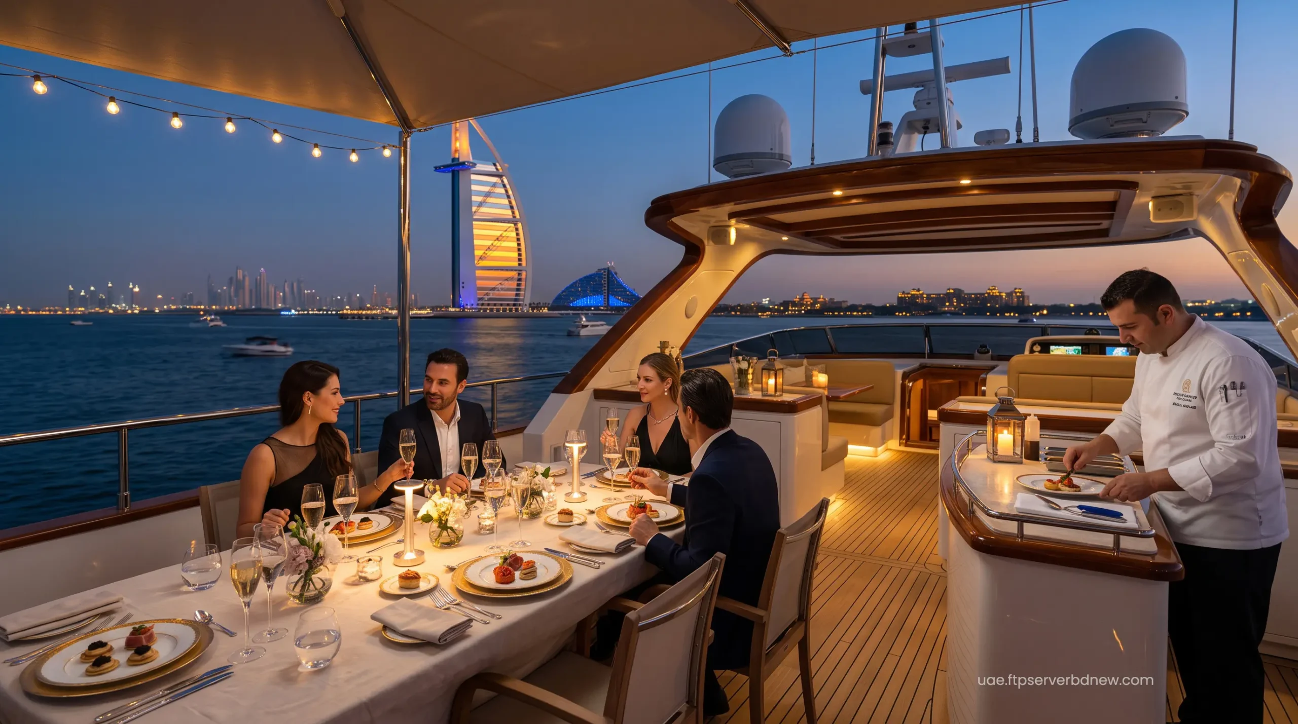 VIP private dining table set on luxury yacht deck overlooking Dubai skyline
